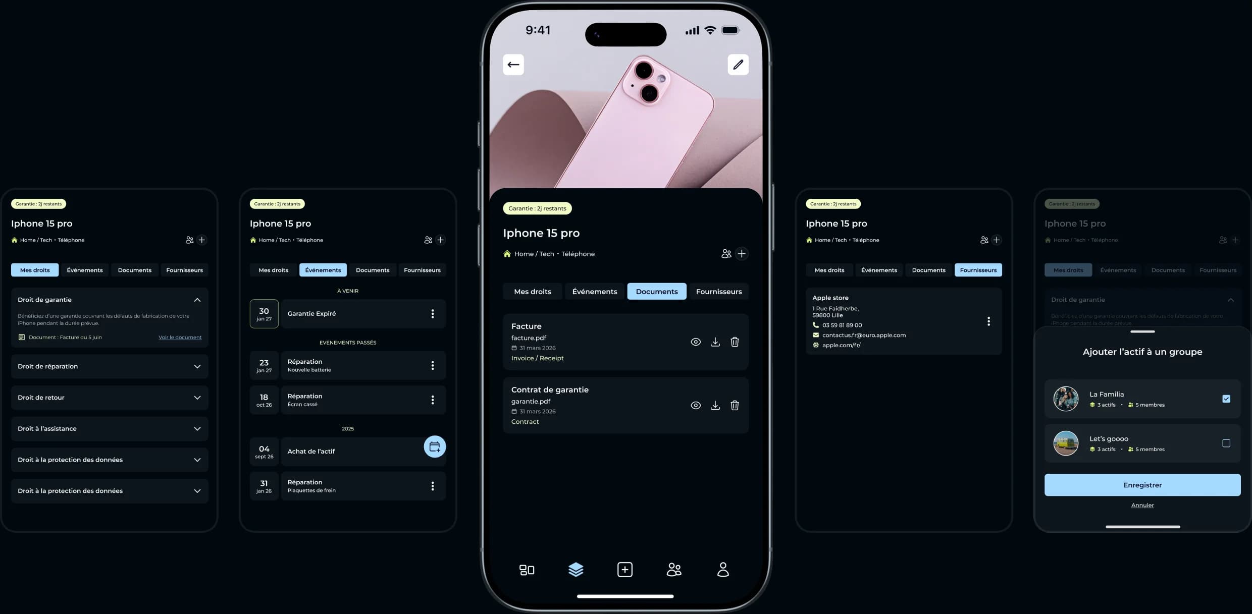 Écrans de l’application KanKoa : droits, événements, documents et fournisseurs d’un bien, et partage d’un bien avec un groupe