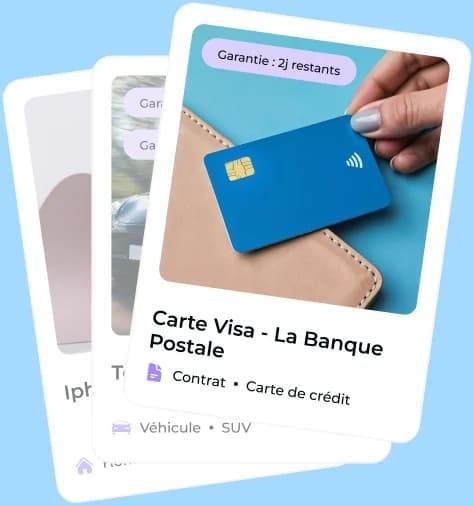 Fiches de biens KanKoa : un iPhone 15 Pro, une Tesla Model Y et une carte bancaire avec une alerte de garantie