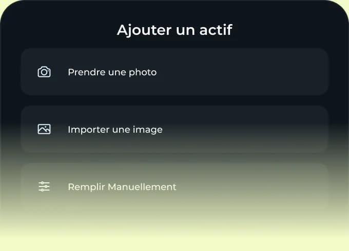 Écran « Ajouter un actif » : prendre une photo, importer une image ou remplir manuellement